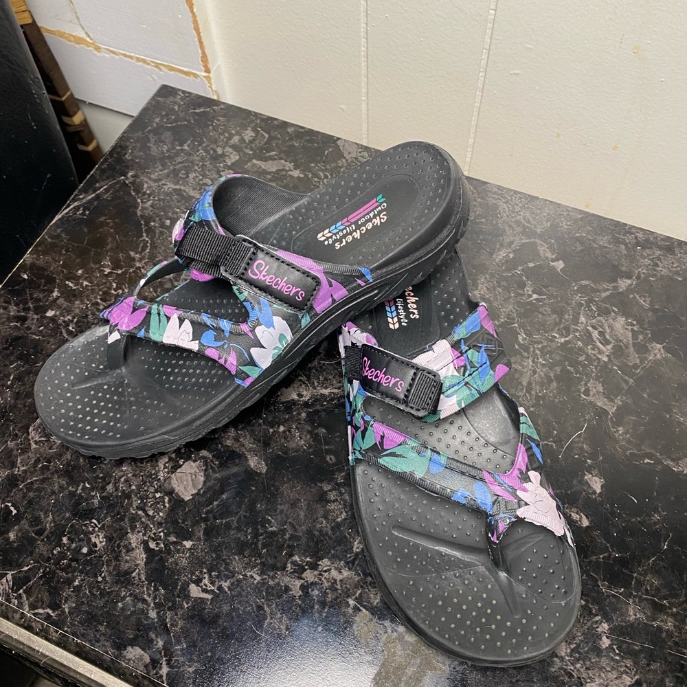 Skechers Black Slide Sandals with Purple & Teal Floral Straps